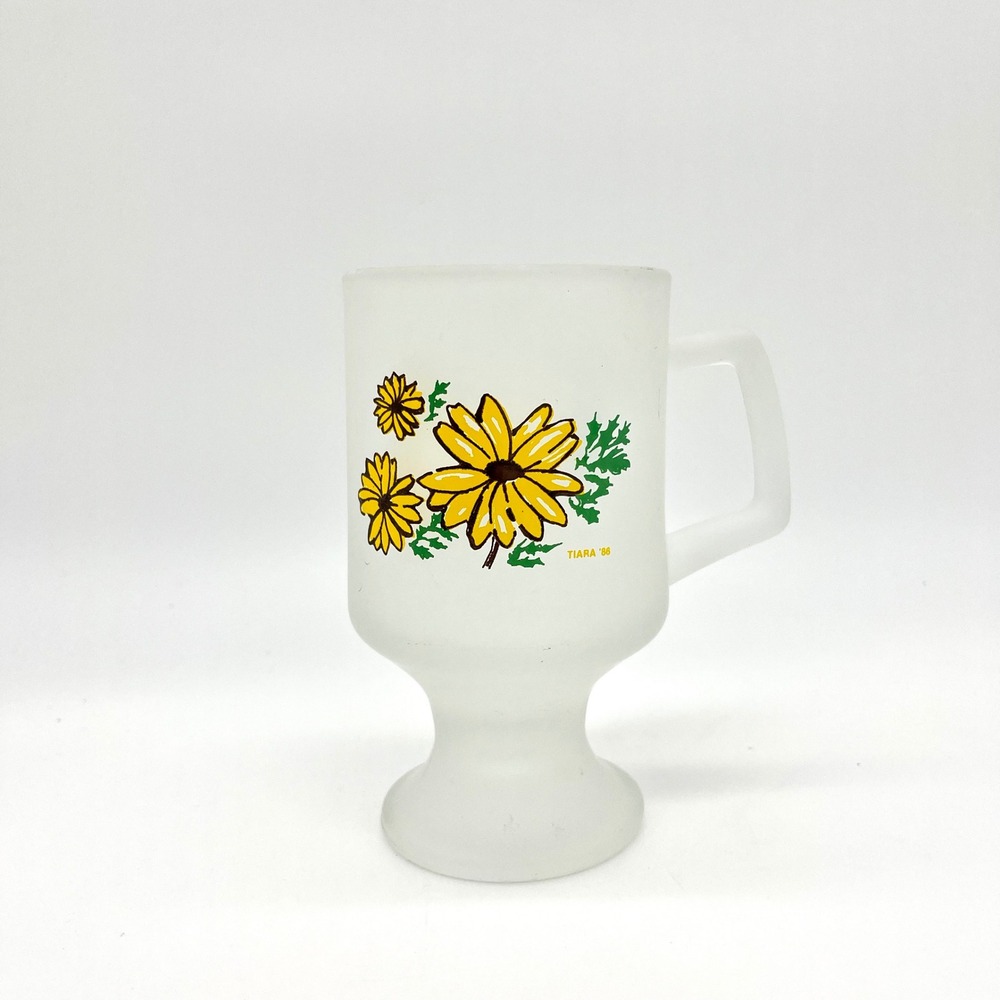 Vintage Tiara '86 Frosted Glass Mug Yellow‎ Floral Coffee Cup Novelty Drinkware
